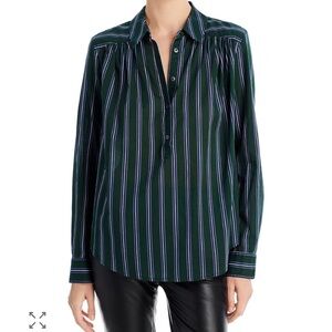 Veronica Beard Cambrie Half Button Striped Shirt Women's XS Pine/Marine Collared